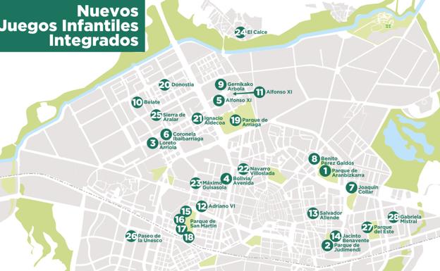 Mapa con la localización en Vitoria de los nuevos juegos infantiles integrados.