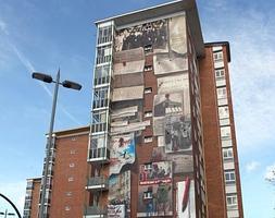 El mural, en la calle Reyes de Navarra, ocupa las nueve plantas de la fachada de la vivienda. / B. Castillo/