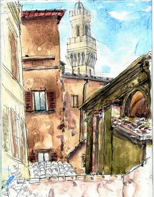 Torre del Ayuntamiento de Siena, desde la casa en la que se hospedaba. ::
DIBUJOS: JAVIER DE BLAS/