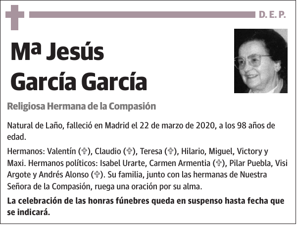 Mª Jesús García García Religiosa Hermana de la Compasión