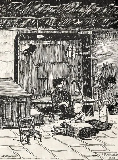 Cocina del caserío Salazar en Aramaio, dibujo de Alfredo Baeschlin (1928).
