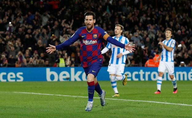 Messi celebrates the goal that gave Barça the victory against Real Sociedad in the last league game played by the Catalans. 
