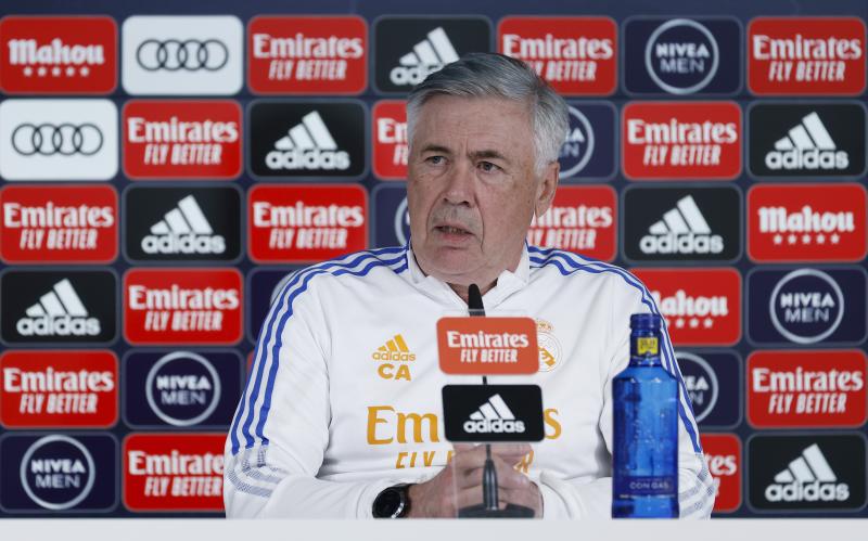 Carlo Ancelotti during his appearance before the media.