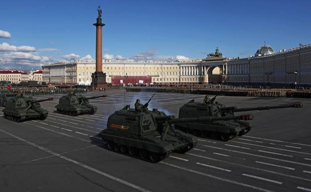 Nazi defeat.  Russian tanks rehearse the Victory Parade in St. Petersburg Square, which will take place on May 9.